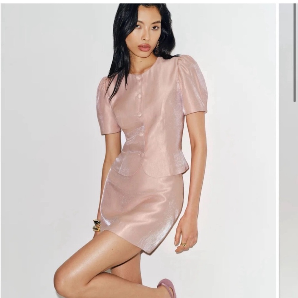 Reformation Elegant Pink Satin Short Skirt Set - Feminine Puff Sleeve Minidress
